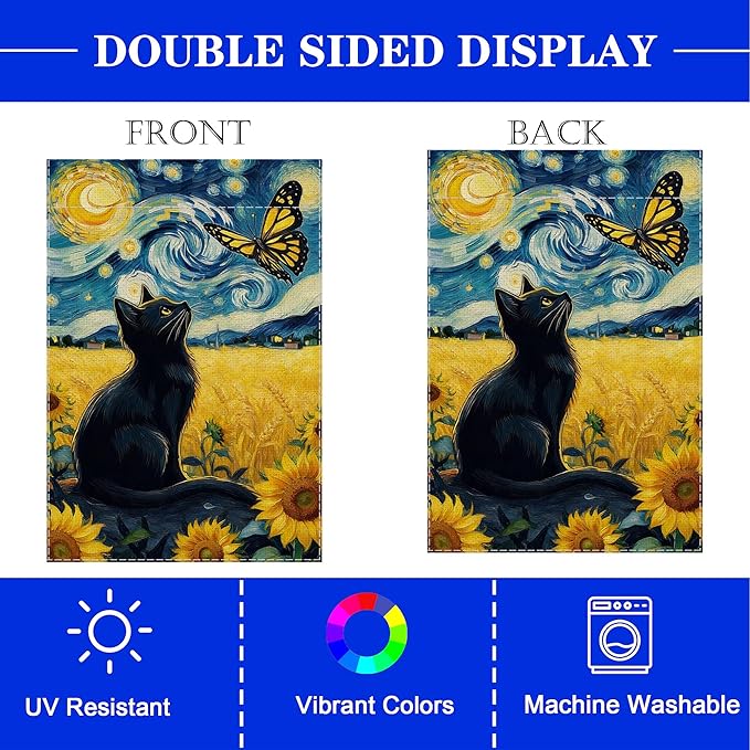 Spring Summer Garden Flag Van Gogh Starry Night Black Cat Banner - Image 5