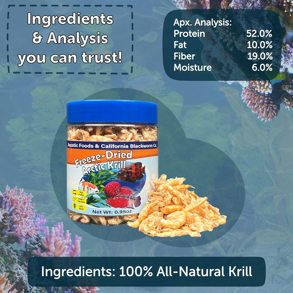 Arctic Krill, Freeze Dried Krill, High in Natural Color Enhancing for Large Cichlids, Tropical Fish, Koi, Turtles, 12-Type Pellet Mix & 4-Type Wafer Mix Included 0.95oz Canister