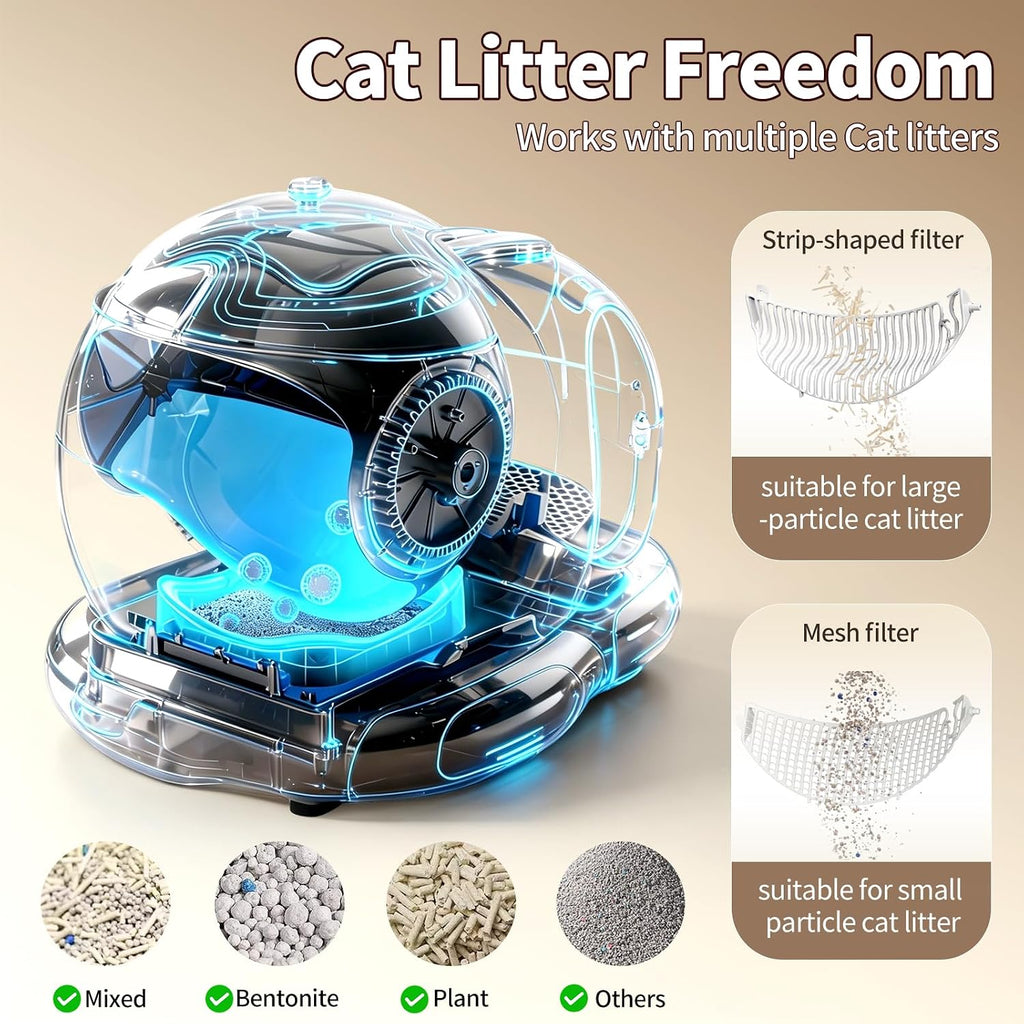 Automatic Cat Litter Box, Semi-Open Large Capacity with Triple Odor Removal System, App Control and Health Monitor, Safety Sensor, Cute Self Cleaning Litter Box for Multiple Cats