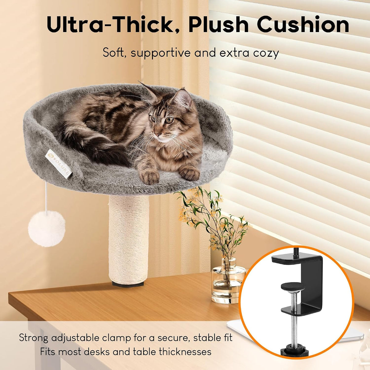 Cat Bed for Desk with Scratching Post – Cozy Elevated Cat Perch with Secure Clamp, Sturdy 50 lb Desk Bed & Hanging Toy for Home Office