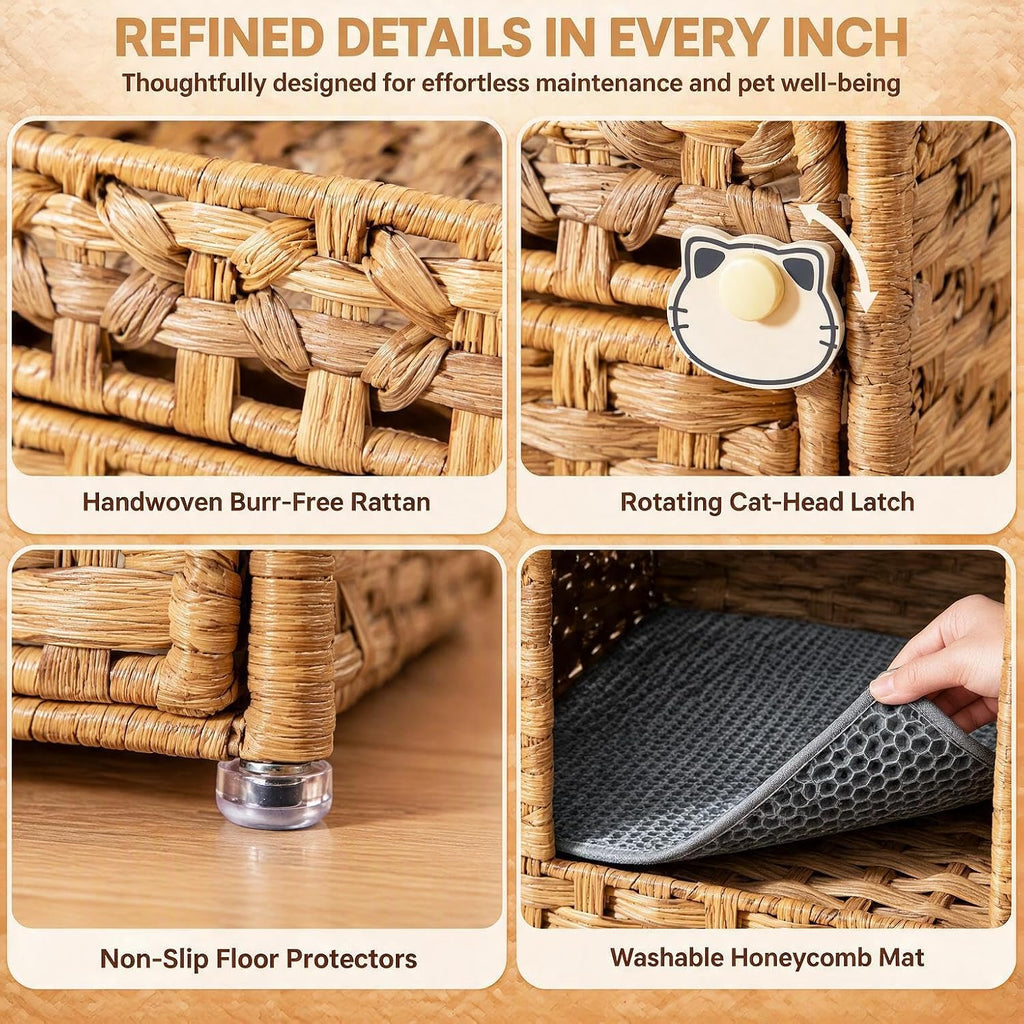 Cat Litter Box Enclosure, Extra Large Hidden PE Rattan Natural,Spacious Double Door PE Rattan Cat Washroom Bench, Side Table Look, Metal Frame