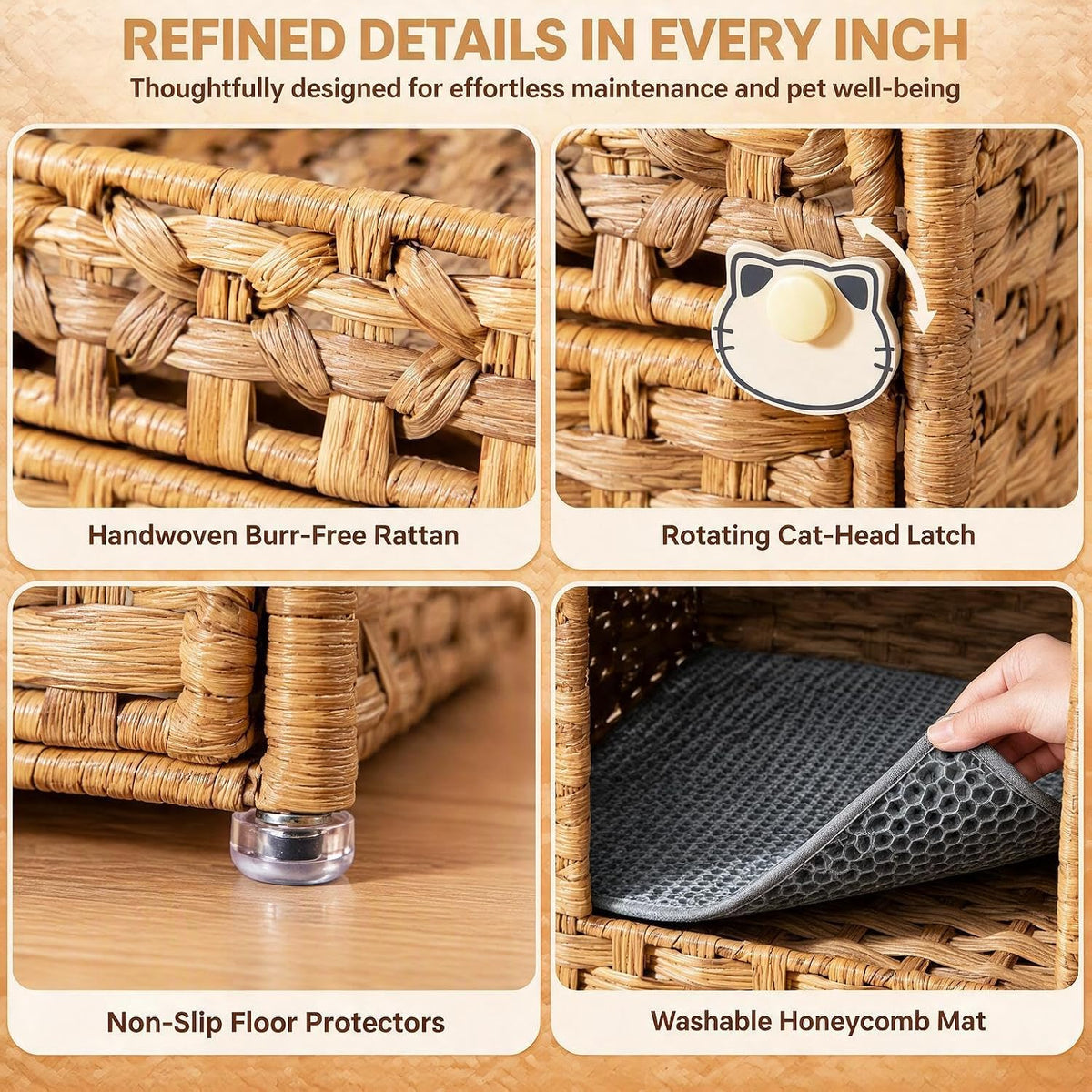 Cat Litter Box Enclosure, Extra Large Hidden PE Rattan Natural,Spacious Double Door PE Rattan Cat Washroom Bench, Side Table Look, Metal Frame