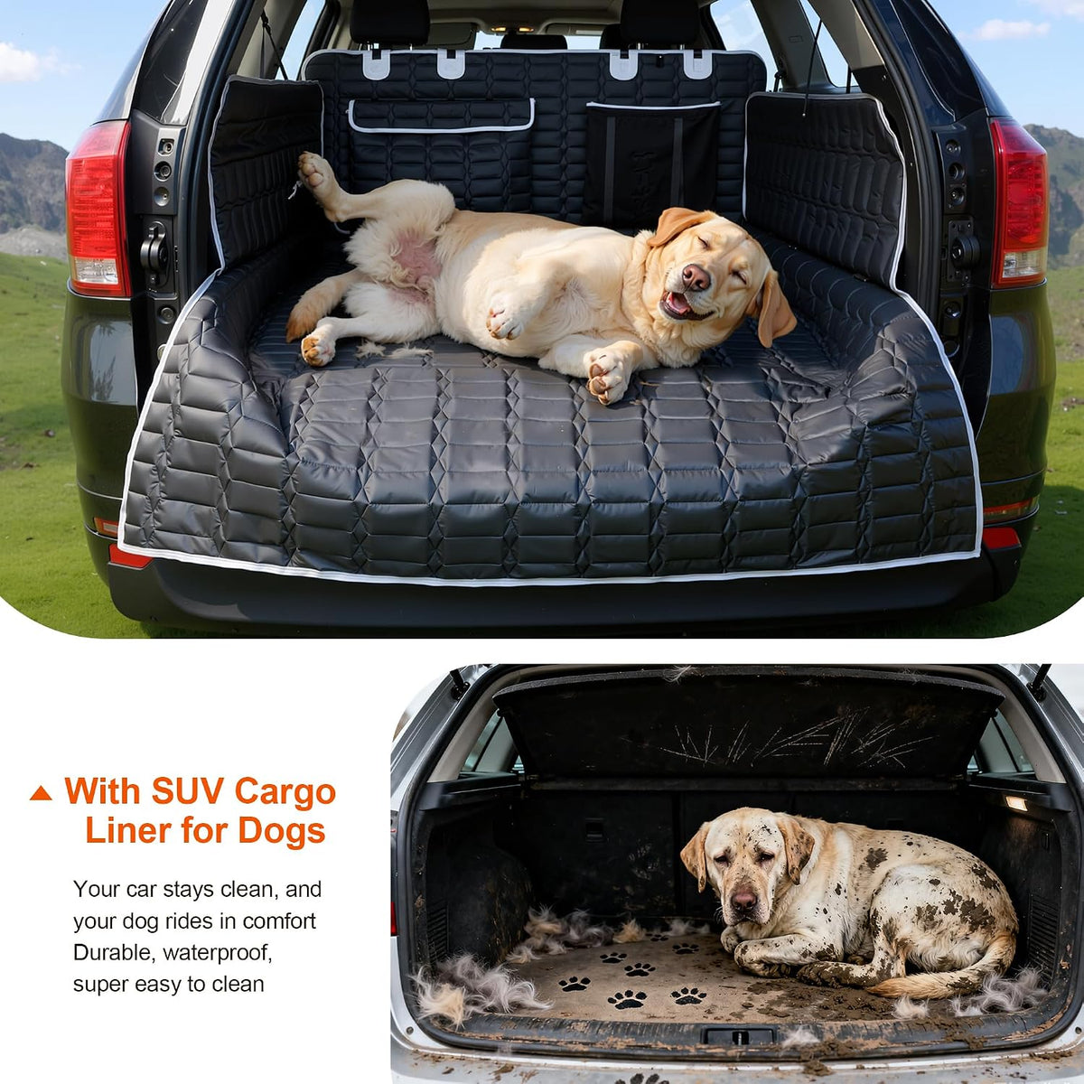 Reliadura SUV Cargo Liner for Dogs, Waterproof Dog Trunk Cover with Bumper Flap Protector, Pet Cargo Mat Cover for SUVs Sedans Vans, Non-Slip Scratchproof Dog Seat Cover, Large Size Universal Fit