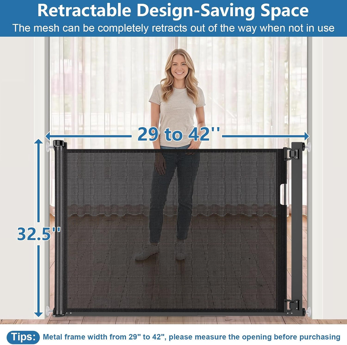 Malier Retractable Dog Gate, 29-42" No Drilling Pressure Mounted Mesh Dog Gate for Indoor, Extra Wide Metal Frame Pet Gate Walk Through Safety Black for Stairs, Doorways (Black, 29 x 42 Inch)