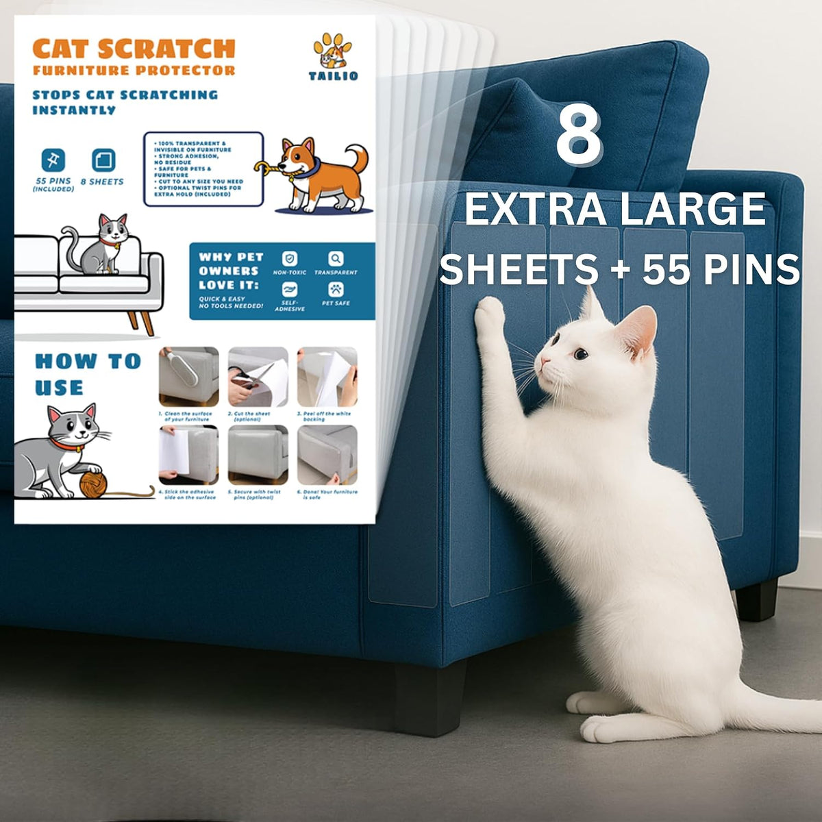 Large Cat Scratch Furniture Protector, 10 Pcs Transparent Couch Protector from Cat Claws, Single-Sided Self-Adhesive Anti-Pet Deterrent Sofa Protector with 55 Pins for Walls & Doors, 17IN