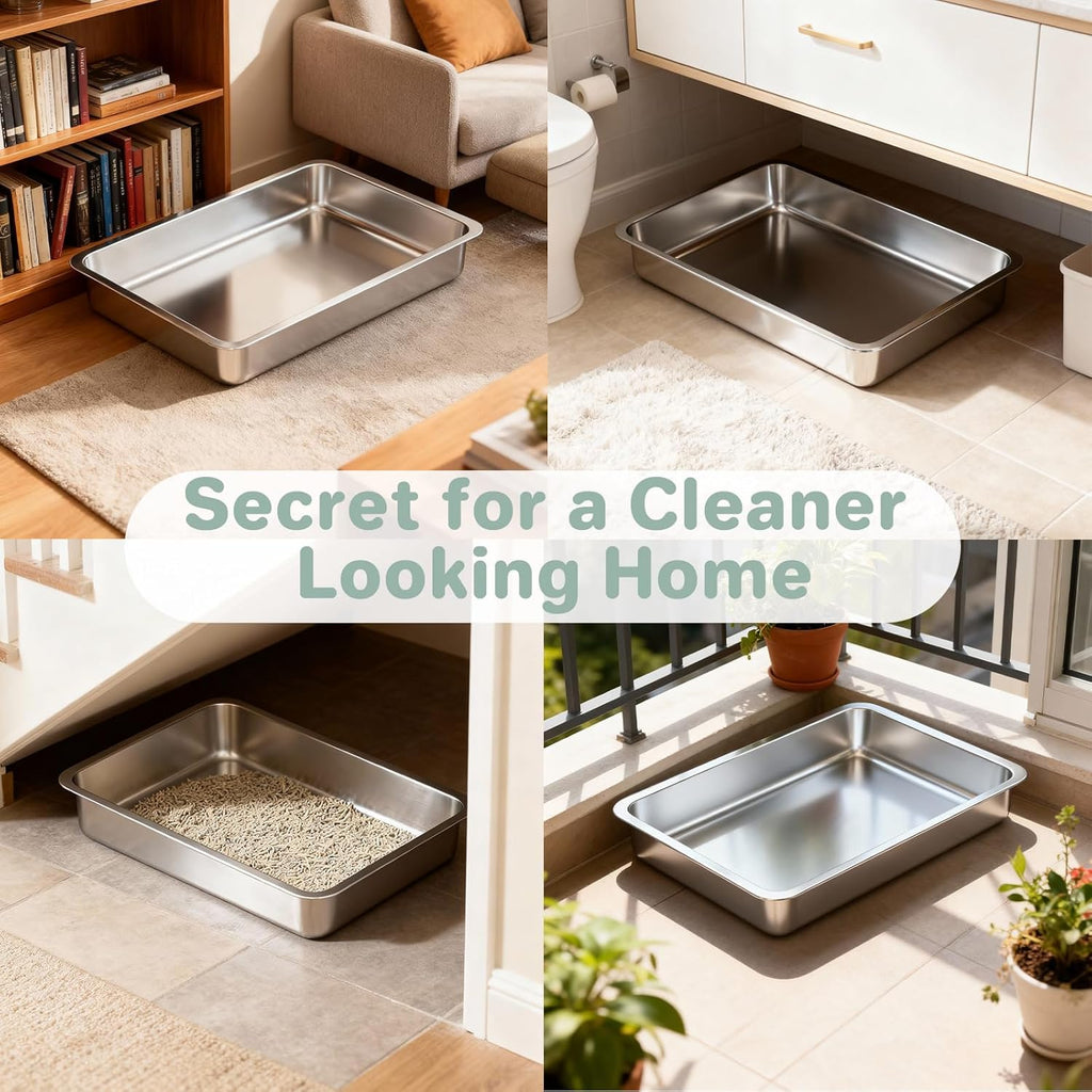 Low Entry Stainless Steel Cat Litter Box for Kittens, Metal Kitty Shallow Litter Box, Easy Access Kitty Litter Pan Tray, Easy Cleaning -17.72'' Lx 13.78'' W x 2.76'' H