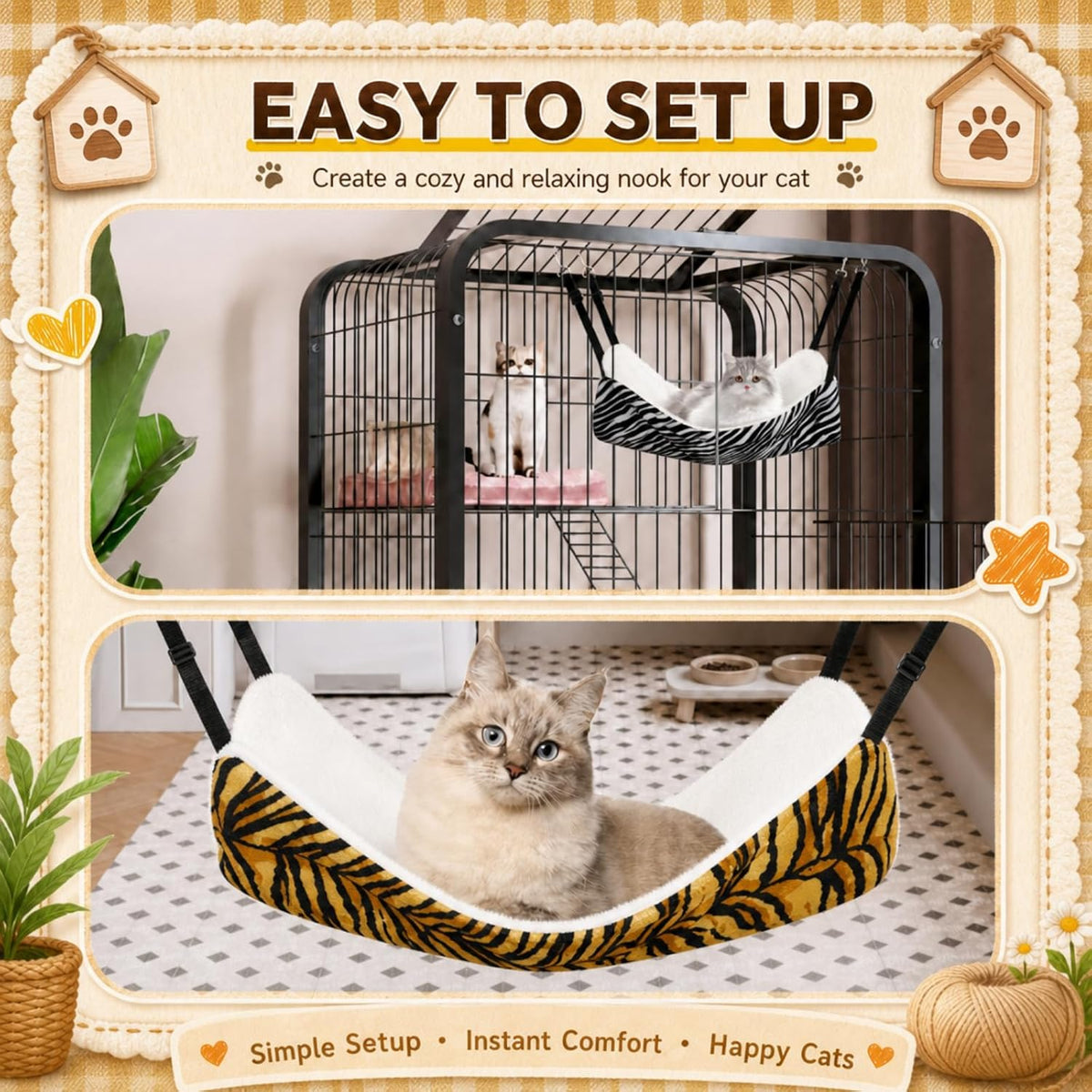 Jetec 2 Pack Cat Hammock for Cage, Zebra, Tiger Stripes, M