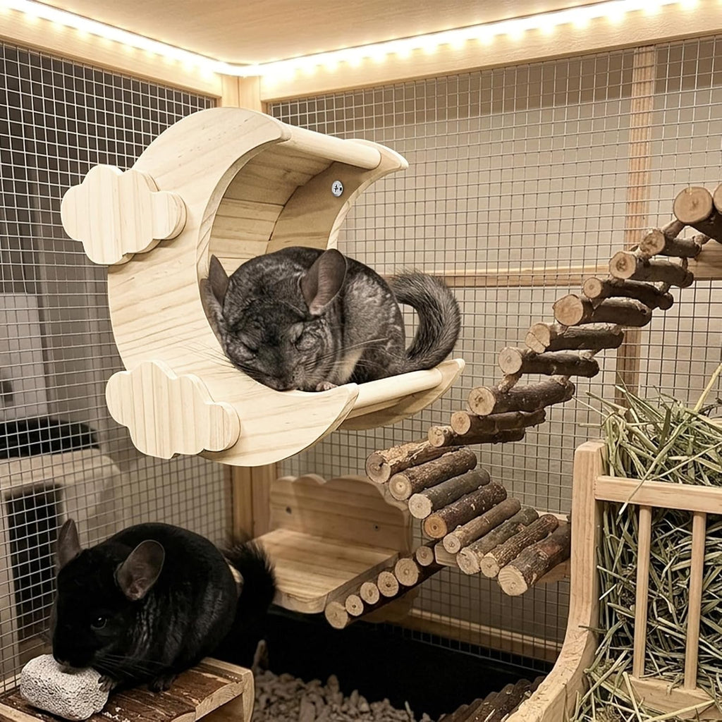 Moon Shaped Pine Wood Chinchilla Hideout, Cage Accessories for Hamsters