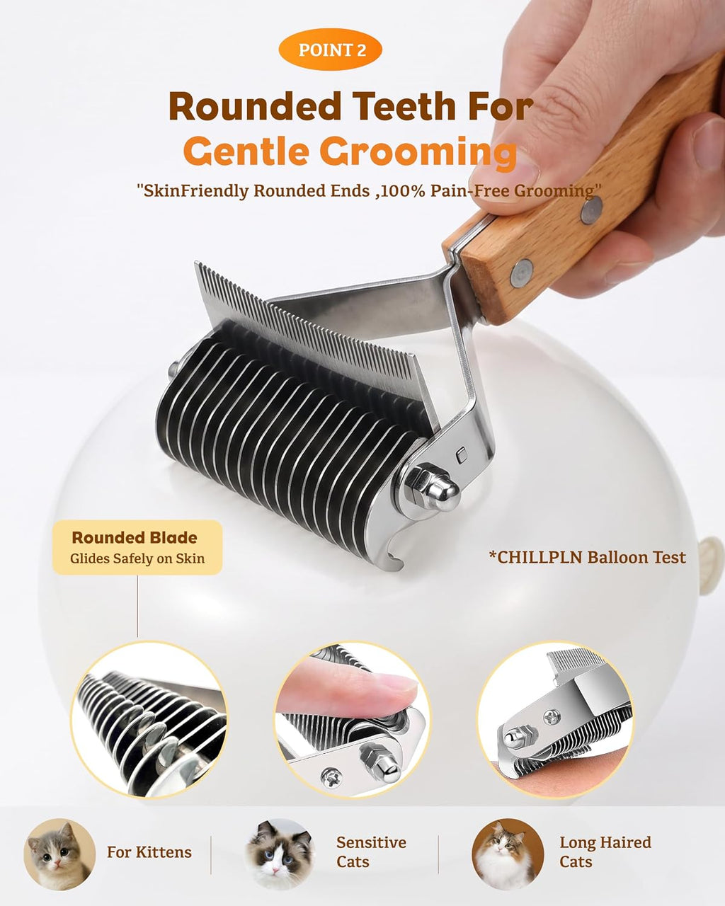 Deshedding & Dematting Brush for Cats, Cat Brush for Long Haired Cats, Professional 2-in-1 Undercoat Rake for Shedding, Efficiently Removes Loose Hair & Tangles, Safe Detangler for Matted Fur