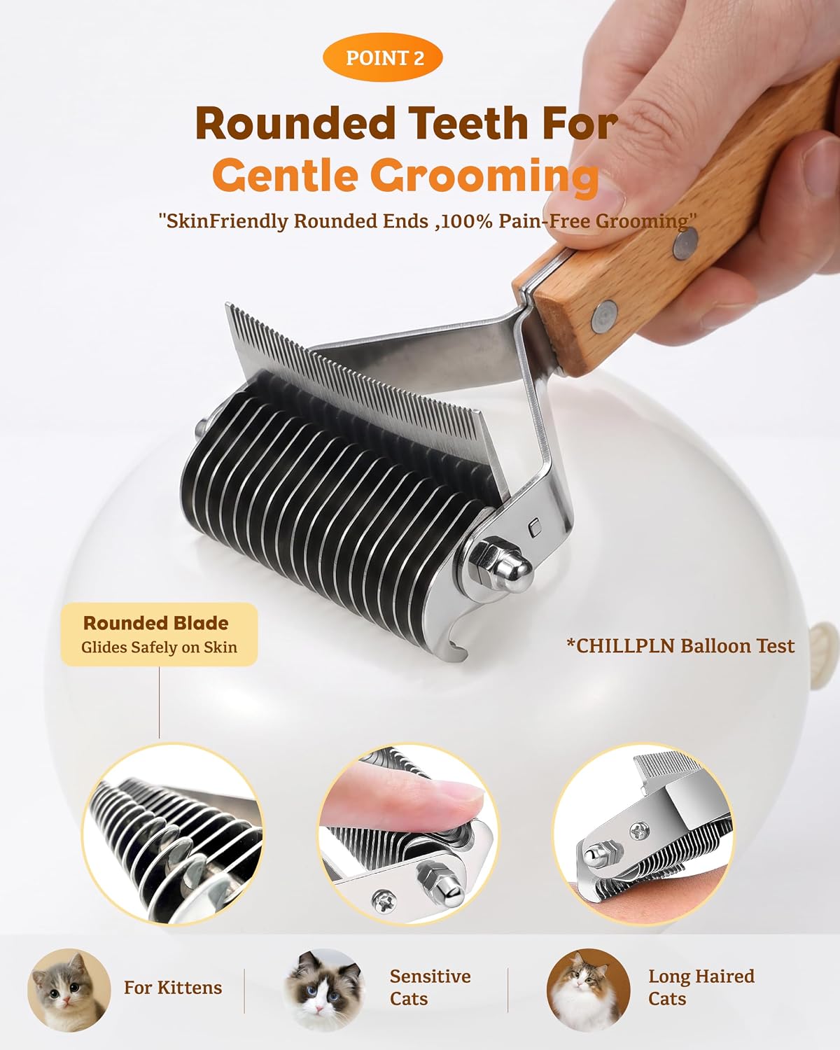 Deshedding & Dematting Brush for Cats, Cat Brush for Long Haired Cats, Professional 2-in-1 Undercoat Rake for Shedding, Efficiently Removes Loose Hair & Tangles, Safe Detangler for Matted Fur