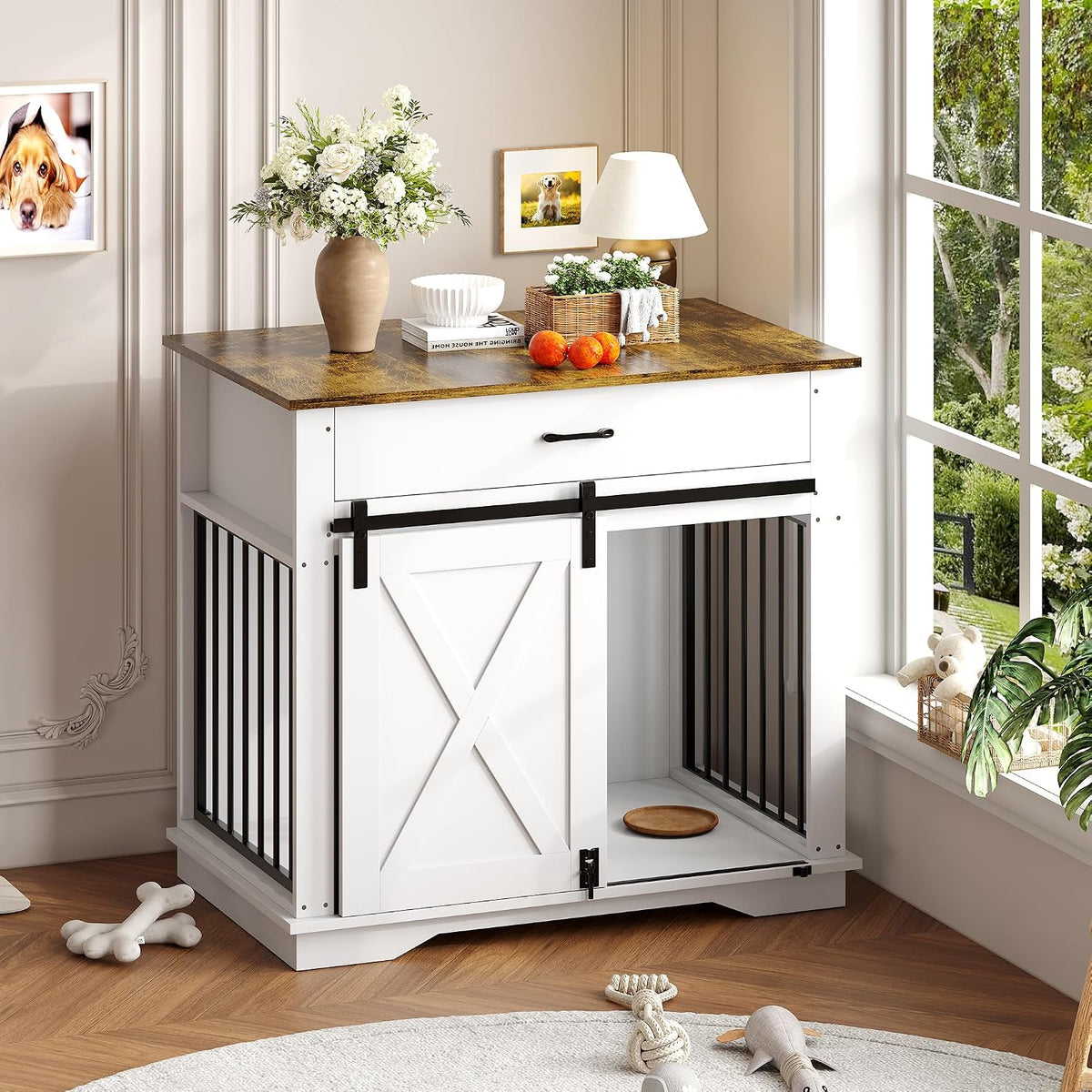 Garvee 38" Farmhouse Style Dog Crate Furniture - Indoor Wooden Dog Kennel with Sliding Barn Door, Buffet Cabinet with Storage Drawer & Pet Cage House Side Table for Small Medium Large Dogs