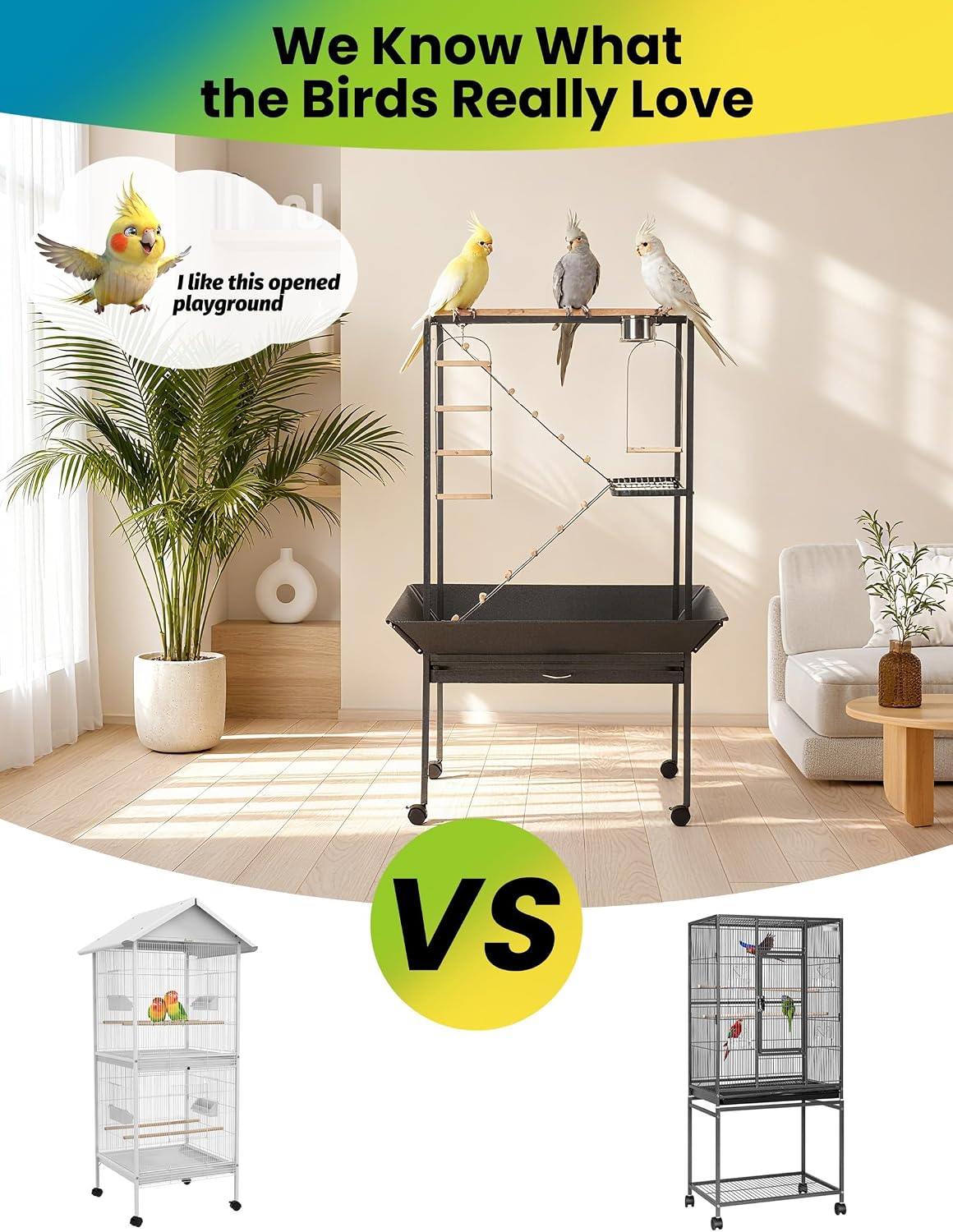 Versatile Bird Cage Stand with Wheels – Perches & Ladders, Black Hammer Finish Finish – Indoor/Outdoor Parrot Playstand for Conures, Macaws, Budgies, Cockatiels, Lovebirds, Parakeets