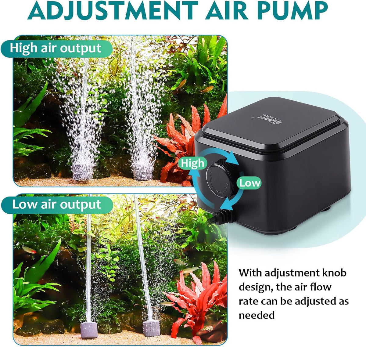hygger Quiet <30dB Aquarium Air Pump, Adjustable Low Decibel Oxygen Fish Tank Pump 2 Air Outlets Ultra Silent Powerful Aerator Pump with Accessories Max 80GPH/160GPH/255GPH(3.5W,Up to 120Gallon)