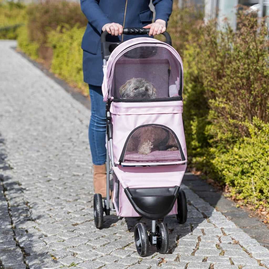 Trixie Foldable Pet Stroller for Cats and Dogs, Pet Carrier Strolling Cart with Weather Cover, Storage Basket, Cup Holder, Pink