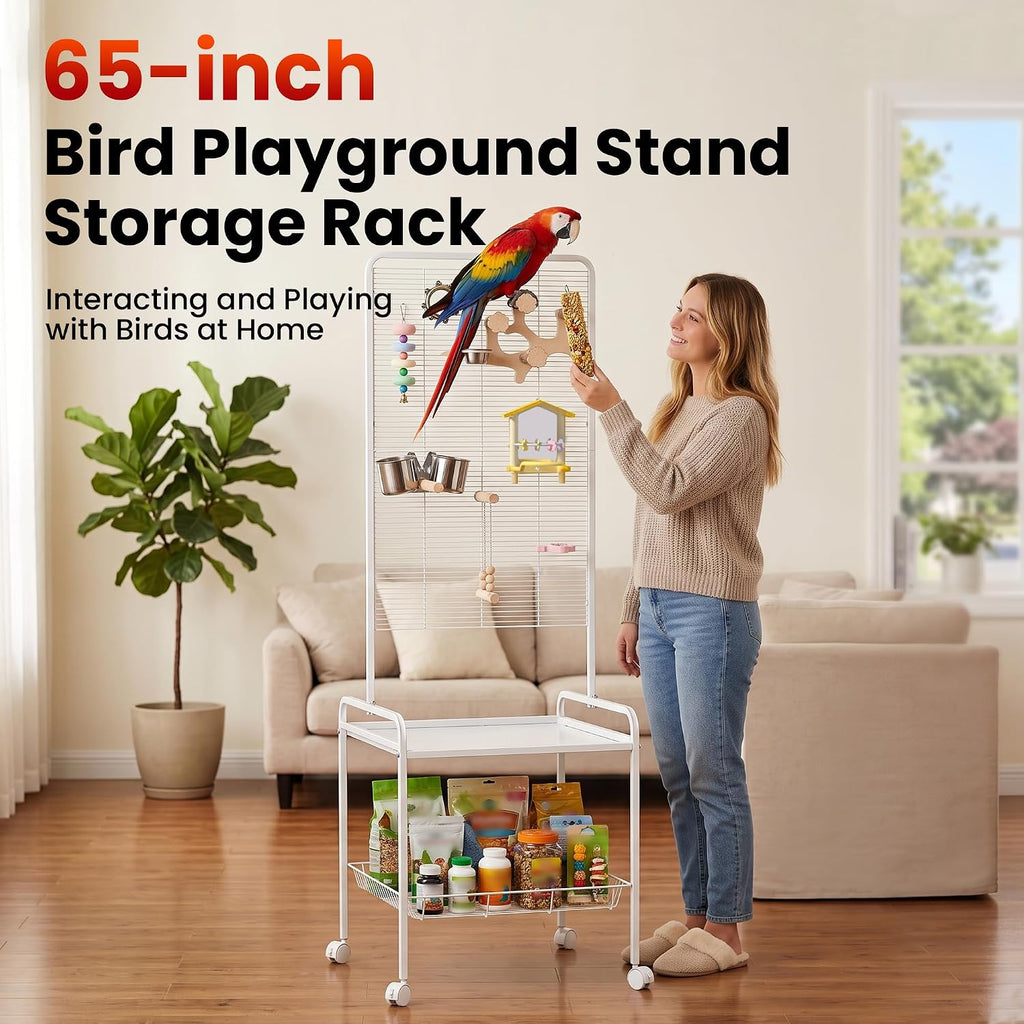 65-inch Large Bird Playstand,Parrot Cage Perch Stand with Wheels & Feeder