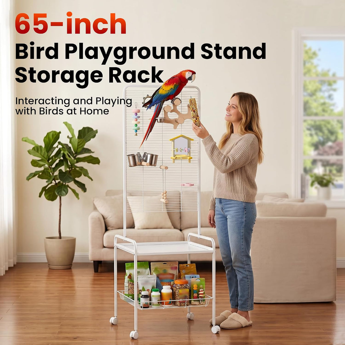 65-inch Large Bird Playstand,Parrot Cage Perch Stand with Wheels & Feeder