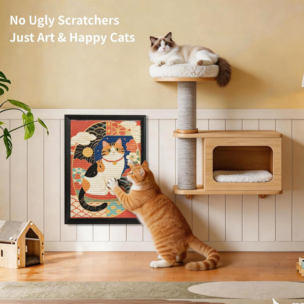 Decorative Wall Art Cat Scratcher for Indoor Cats, Wall Mounted Sisal Cat Scratching Board with Solid Wood Frame, Furniture Protector, Easy No-Drill Install, 17 x 13 in