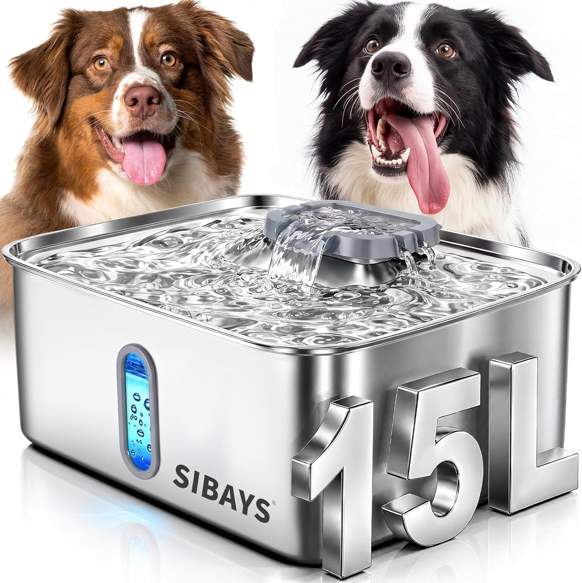 SIBAYS 4Gal/15L Dog Water Fountain for Large Dogs, Stainless Steel Large Pet Water Fountain, Ultra Quiet Automatic Dog Water Bowl Dispenser with Water Level Window and LED Light(FS78, Silver-Grey)