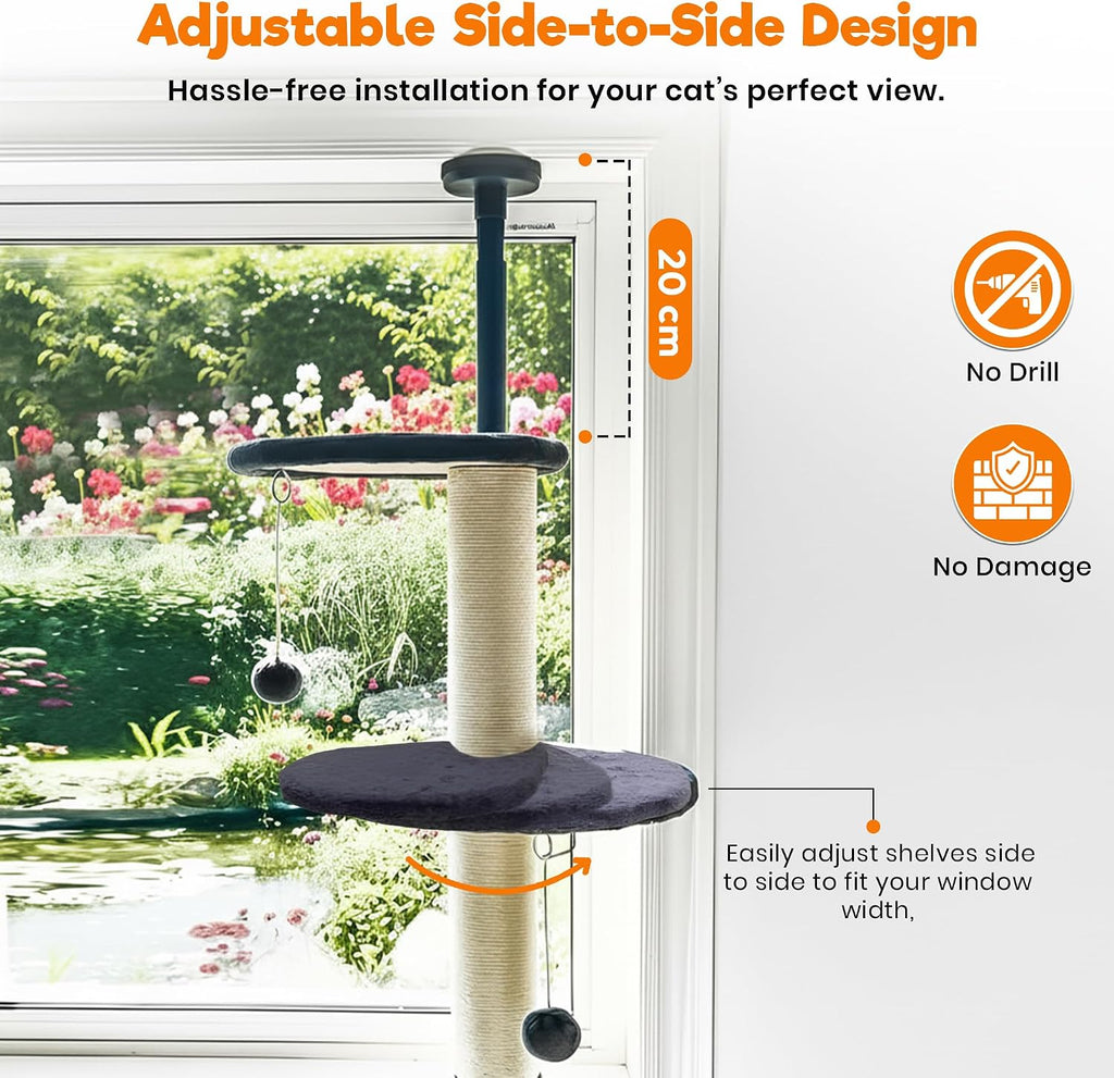 Window Cat Tree & Small Cat Tower (89.5-105.5cm) – Adjustable Cat Window Perch & Shelf for Indoor Cats – Sturdy Window Sill Extender Seat for Large Cats