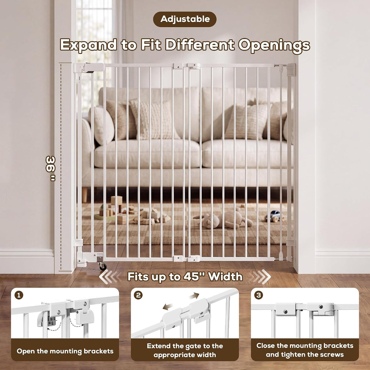 29.5"–45.2" Retractable No Bottom Bar Baby Gate for Stairs, 36" Tall