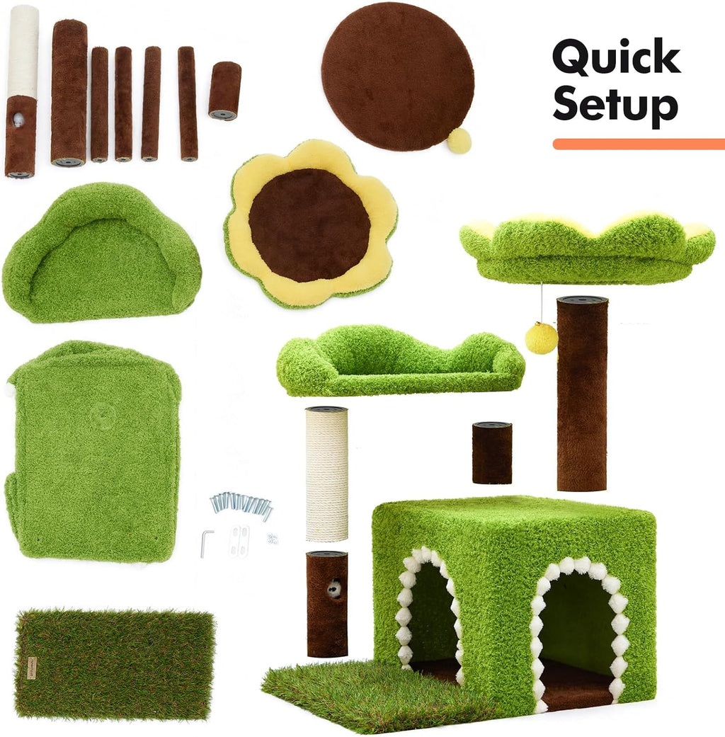 WOOCHPET Sunflower Short Cat Tree with Cat Scratching Posts Small Cat Tower