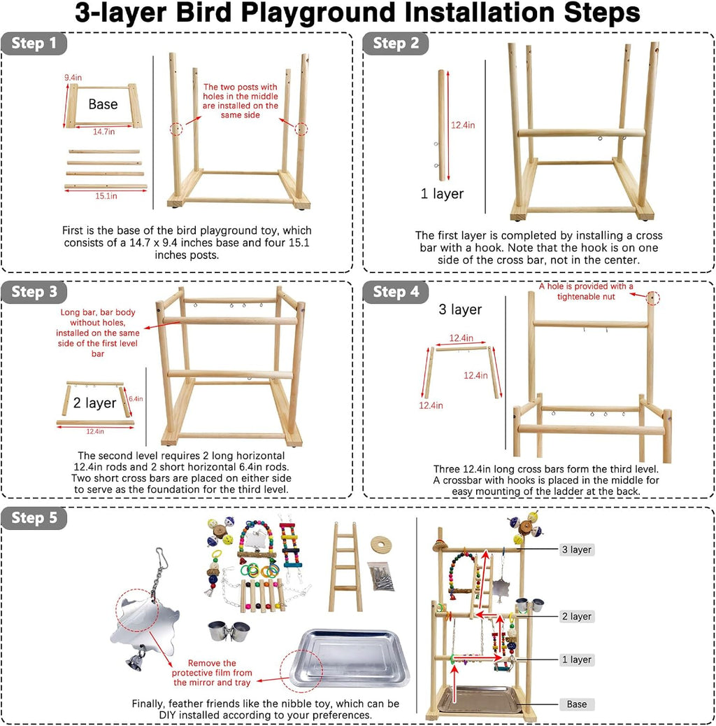 Hamiledyi Natural Wood Bird Playground - Large 3-Tier Perch Stand with Exercise Platforms Durable Activity Gym for Parrots, Cockatiels and Small Birds Bird Stand with Ladders and Swings