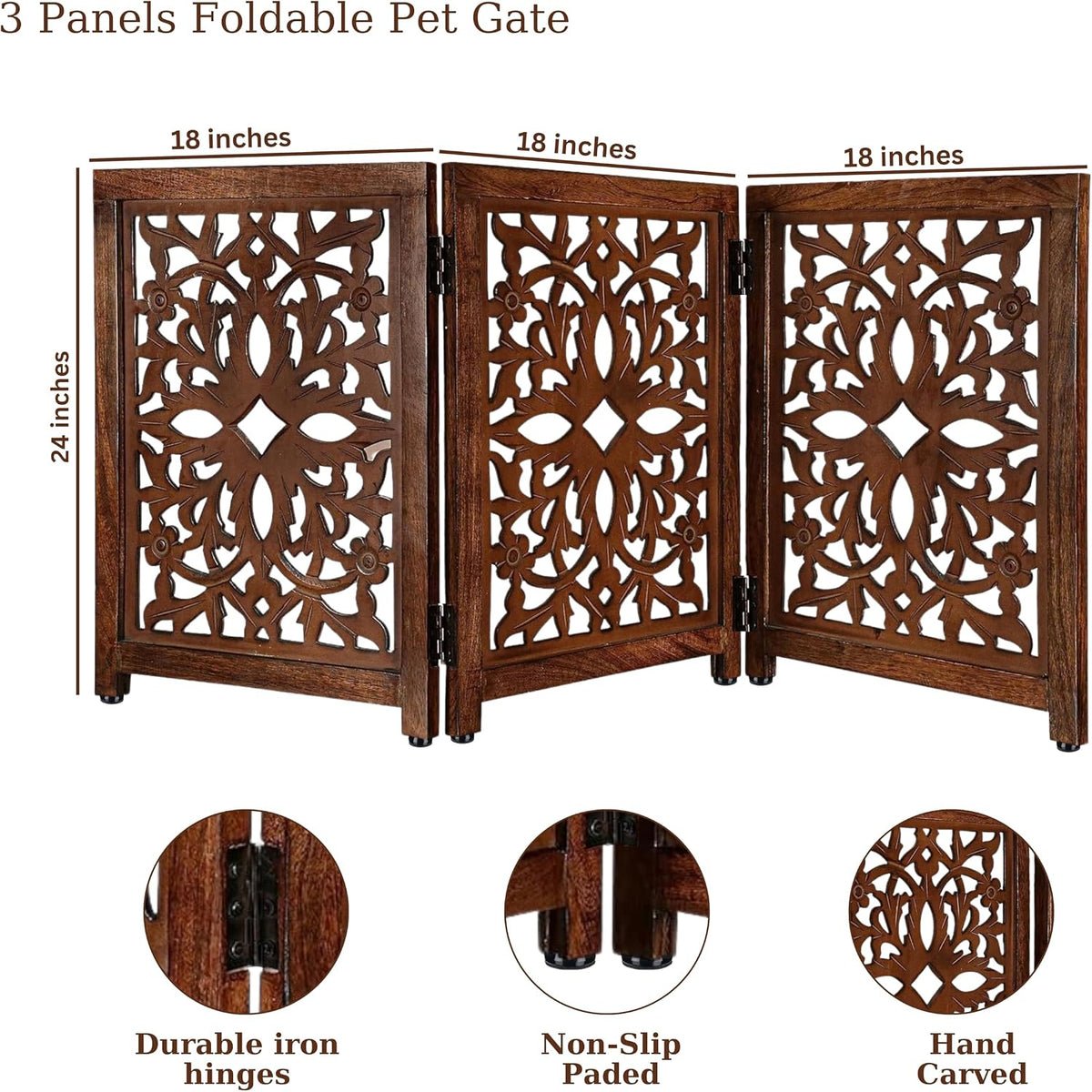 “Lightnpro Wooden Pet Gate – Decorative Carved Foldable Dog Fence, Extra-Wide Freestanding Indoor Safety Gate for Small Dogs – 24x54 Inch Natural Burnt Finish”