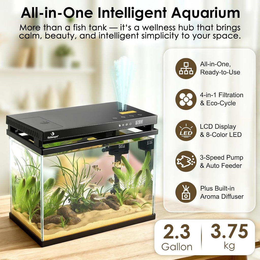 fishkeeper 2.3G Smart Aquarium - HD Glass Fish Tank Kits with Auto Feeder