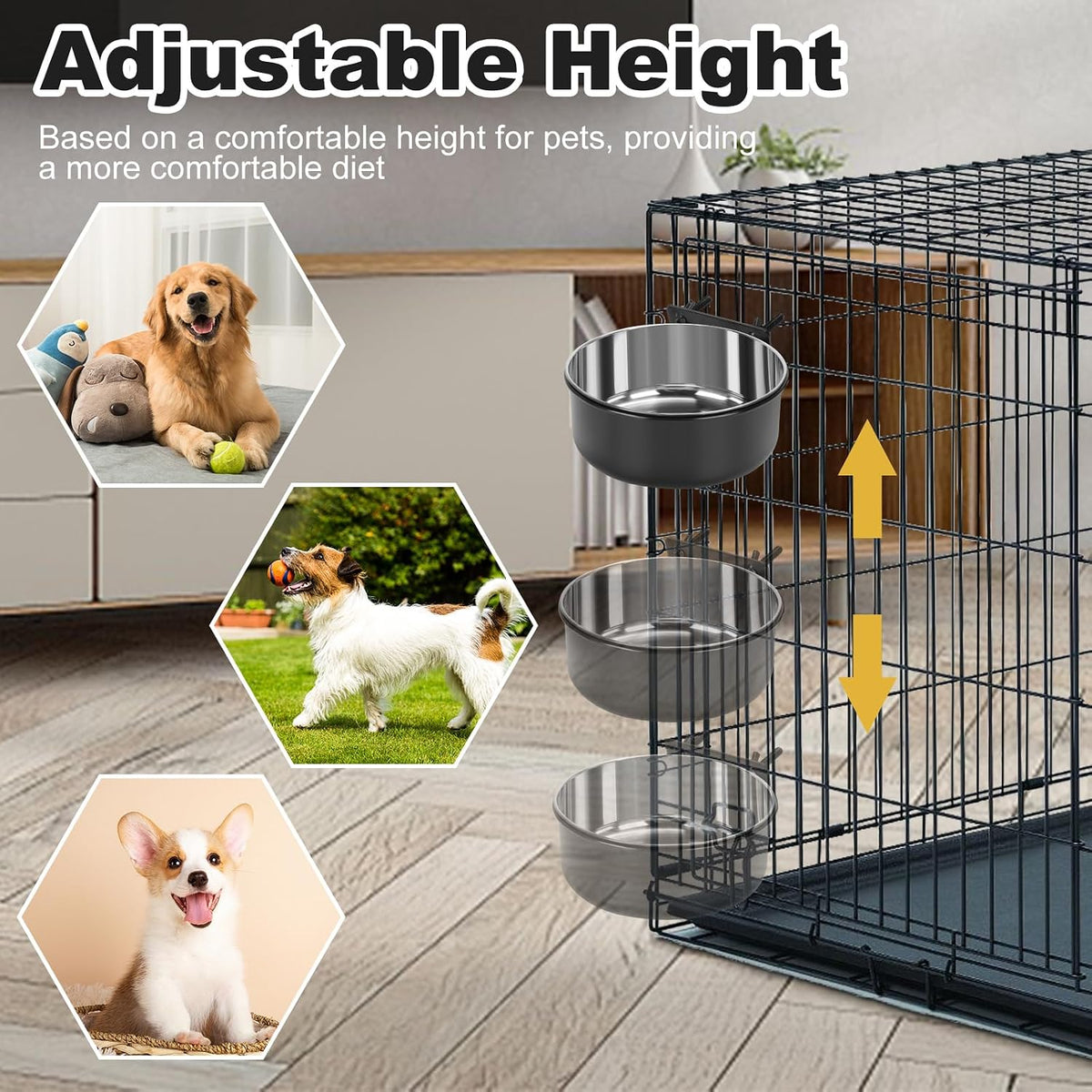 Crate Dog Bowls for Large Dogs, Removable Stainless Steel Dog Bowls for Food and Water, Pet Kennel Hanging Food Water Feeder Station for Medium/Large Pets, (7.1"x3.7" & 7.1"*2.6", Black)