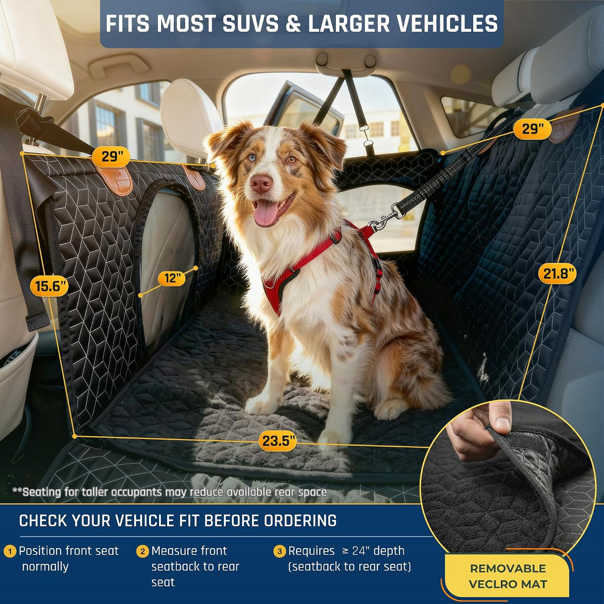 Dog Car Seat for Large Medium Dogs, Back Seat Extender for Pets with Hard Bottom, Waterproof Dog Seat Cover with 3 Mesh Windows, Removable Fleece Mat for Cars SUVs Trucks