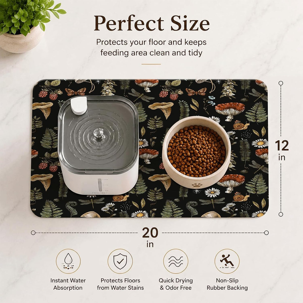 Diatomite Pet Feeding Mat, Absorbent PU Leather Dog Cat Bowl Mat for Smart Fountains Messy Drinkers, Non-Slip Multi-Layer Floor Protector,20x12in(Mushroom Forest Pattern)