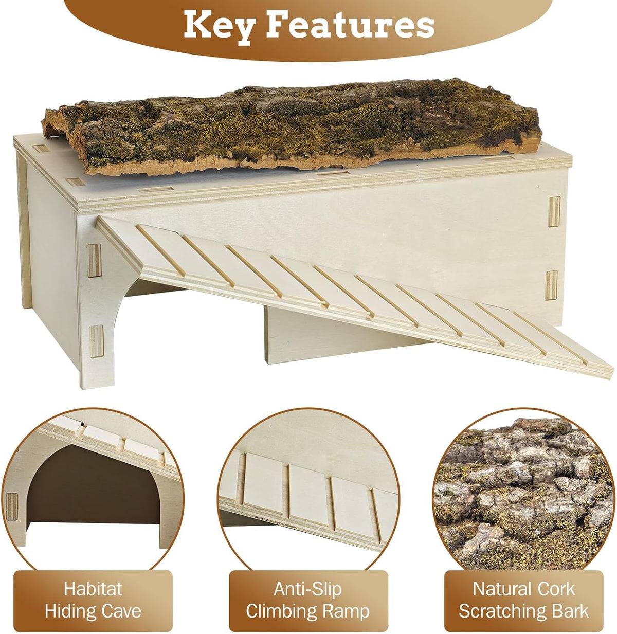 Bearded Dragon Basking Platform,Wood Reptile Hide Cave with Bark(L)