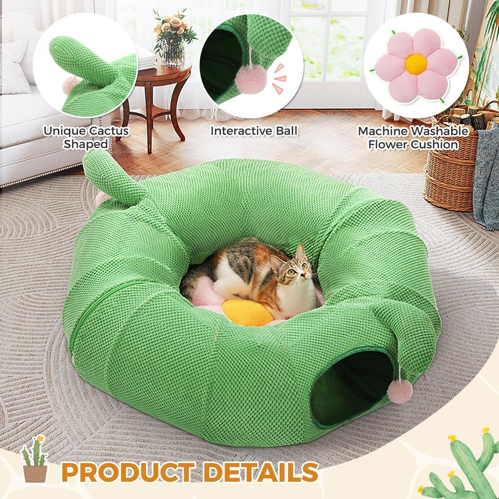 PAWZ Road Cactus Cat Tunnel Collapsible Cat Donut Tunnel with Flower Bed