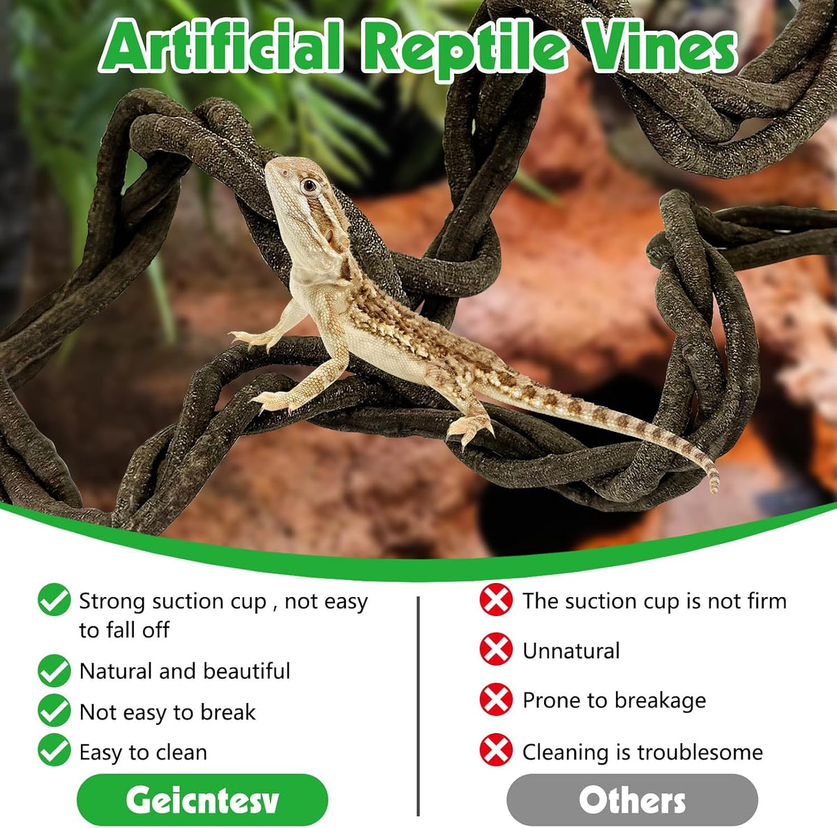 Bendable Reptile Vines with Suction Cups Artificial Reptile Climbing Jungle Vine Gecko Climbing Branches Terrarium Decoration for Gecko Habitat (19.7In, 2PCS)