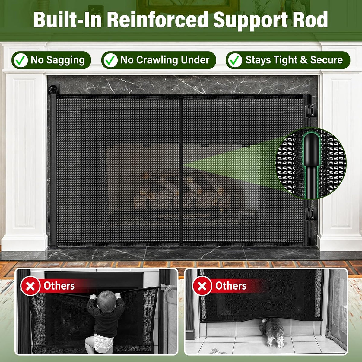 No Drill Retractable Baby Gate for Fireplace, 33" H × 55" W, Easy Install