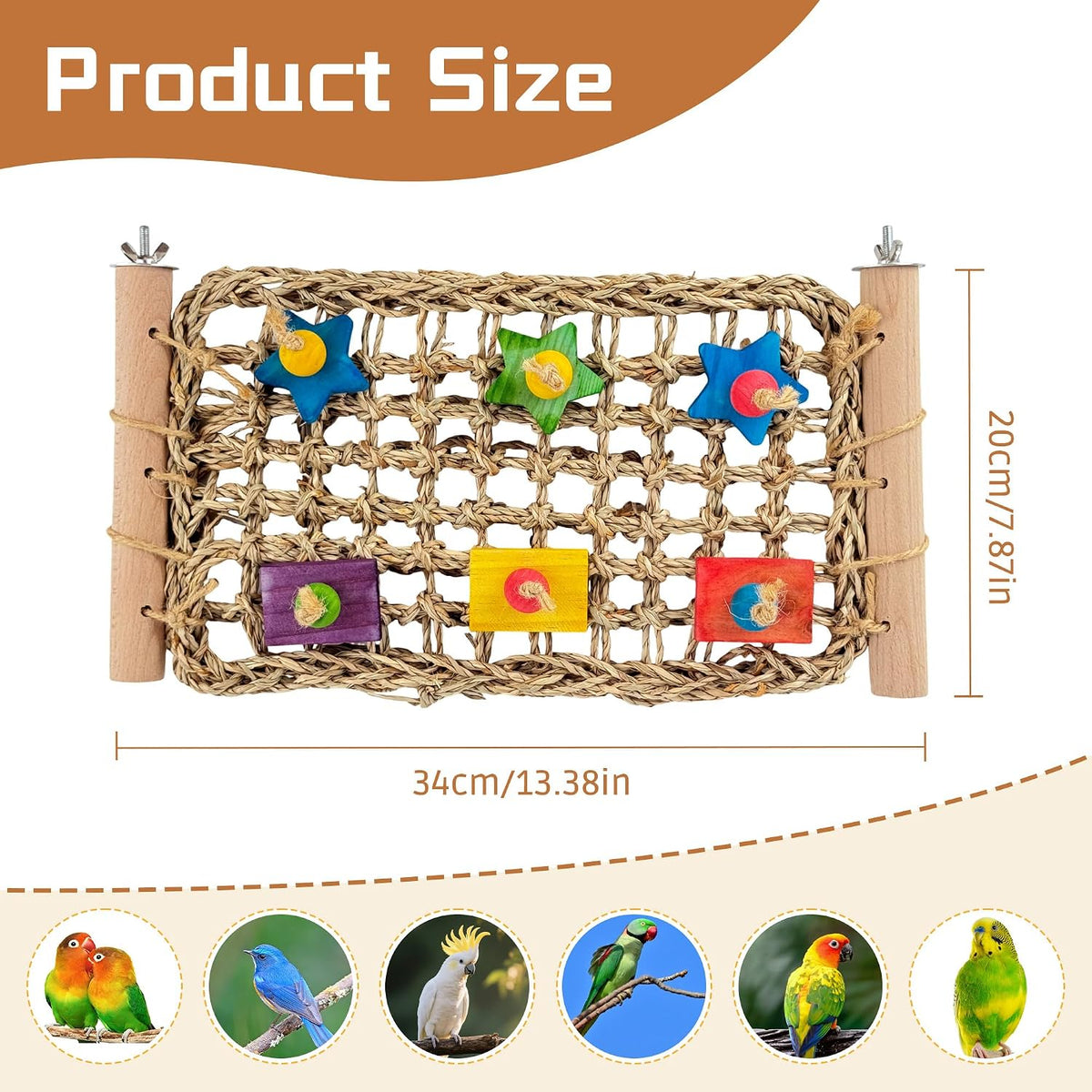 FlidRunest Conure Ladder Perch with Colorful Wood Chew Block | Natural Parrot Seagrass Foraging Mat, Bridge Stands Climbing Hammock Chewing Activity Toy for Parakeets, Lovebird