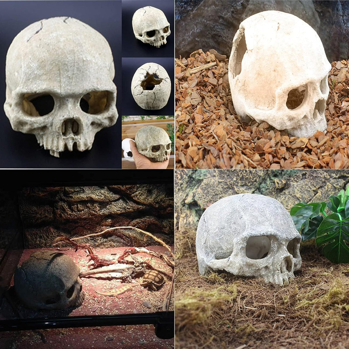 Tfwadmx Reptiles Skull Hide Decorations Bearded Dragon Tank Accessories Terrarium Ornament Gecko Hideouts Cave Snake Habitat Jungle Climber Bendable Vines Leaves for Lizards,Chameleon,Spider (4 Pcs)