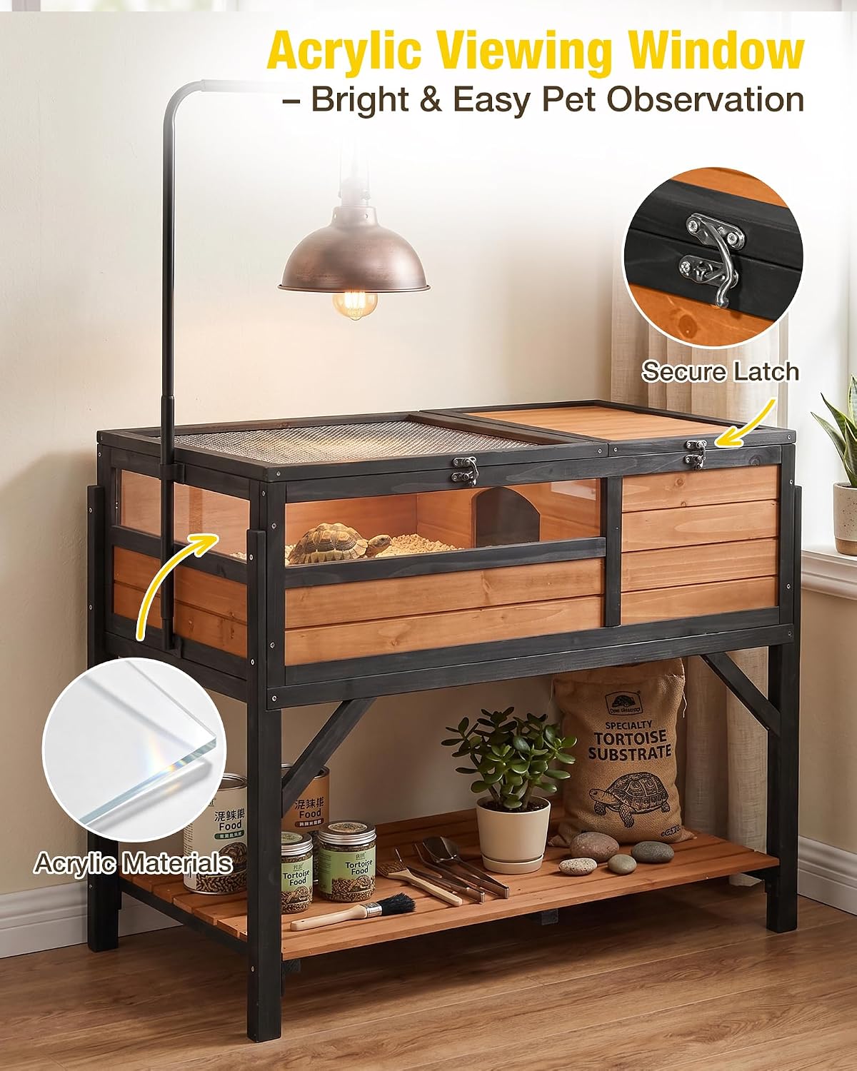 Wooden Tortoise Habitat with Detachable Legs & Adjustable Lamp Holder – Reptile Terrarium for Small Animals