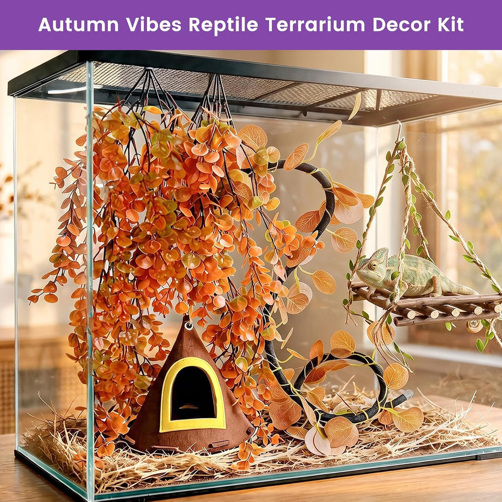 Daily Treasures Fall Reptile Terrarium Decoration,with Felt Hideout&Hammock