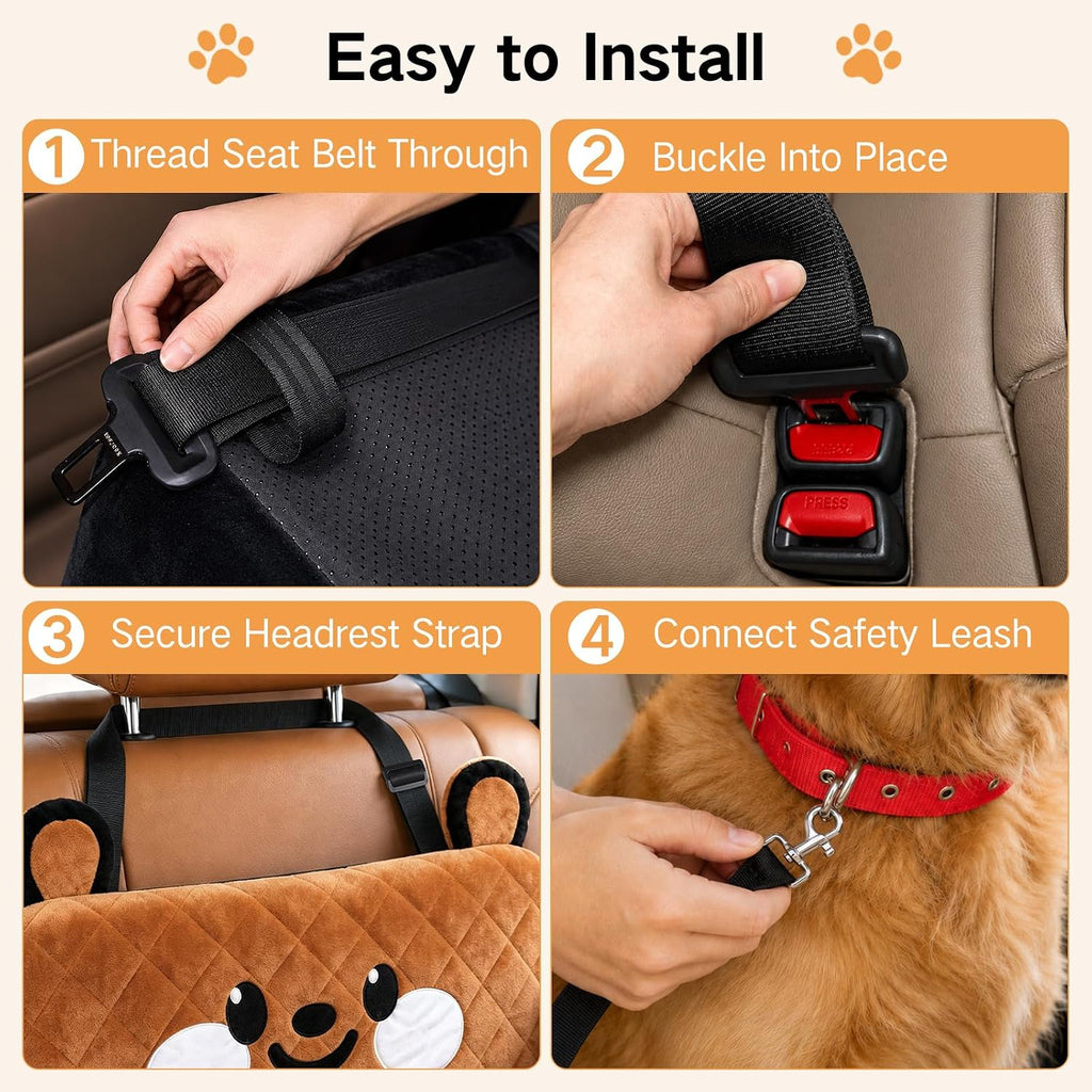 Large Dog Car Seat for Dogs up to 55 lbs or 2 Small Dogs, High-Density Foam Pet Travel Bed with Ultra-Soft Plush, Detachable Washable Cover, 2 Safety Leashes, Storage Pockets, Back Seat Use