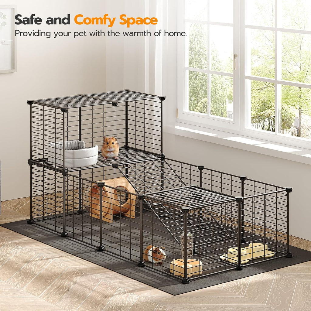 HOOBRO 24 Panels Guinea Pig Cage with Waterproof Mat and Ramp, 57" x 31.5" x 23.6" Loft Design Small Animal Playpen, Rabbit Cage, Bunny Cage, Pet Playpen, Indoor Outdoor Yard Fence, Black BK03PP03