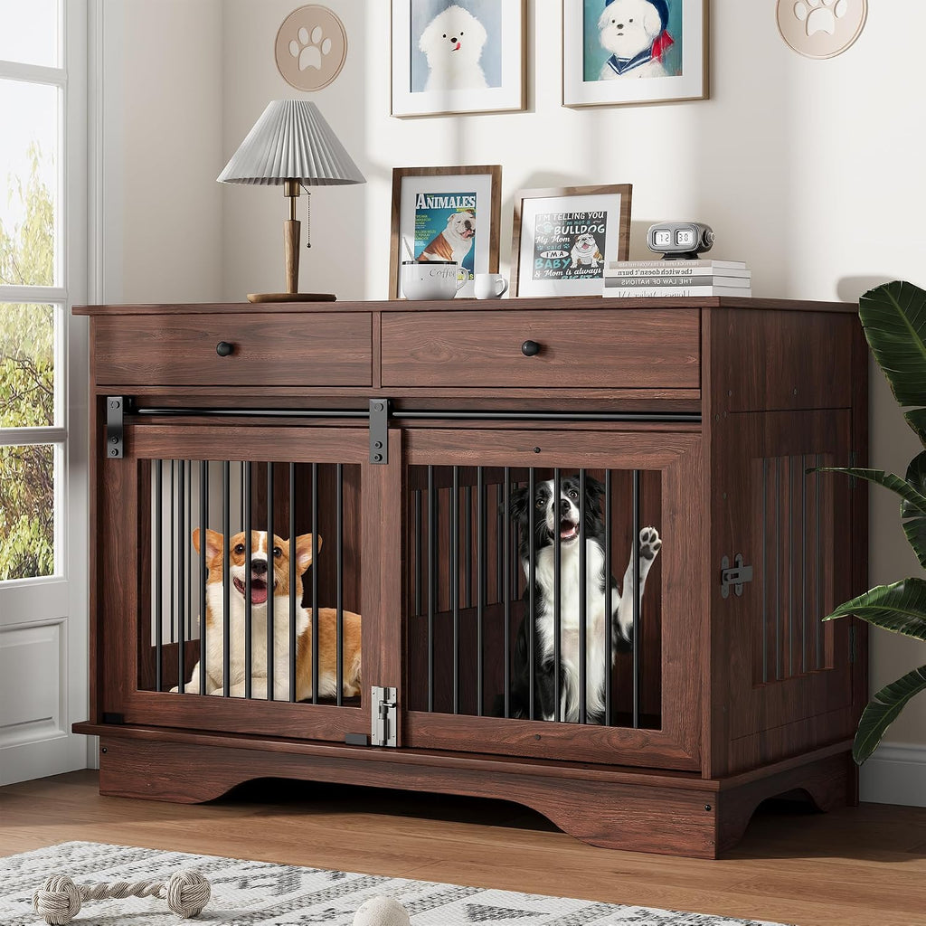 47" Large Dog Crate Furniture,Dog Furniture Crate with 2 Storage Drawers & Removable Divider for Large/Medium/Small Dogs (Brown)