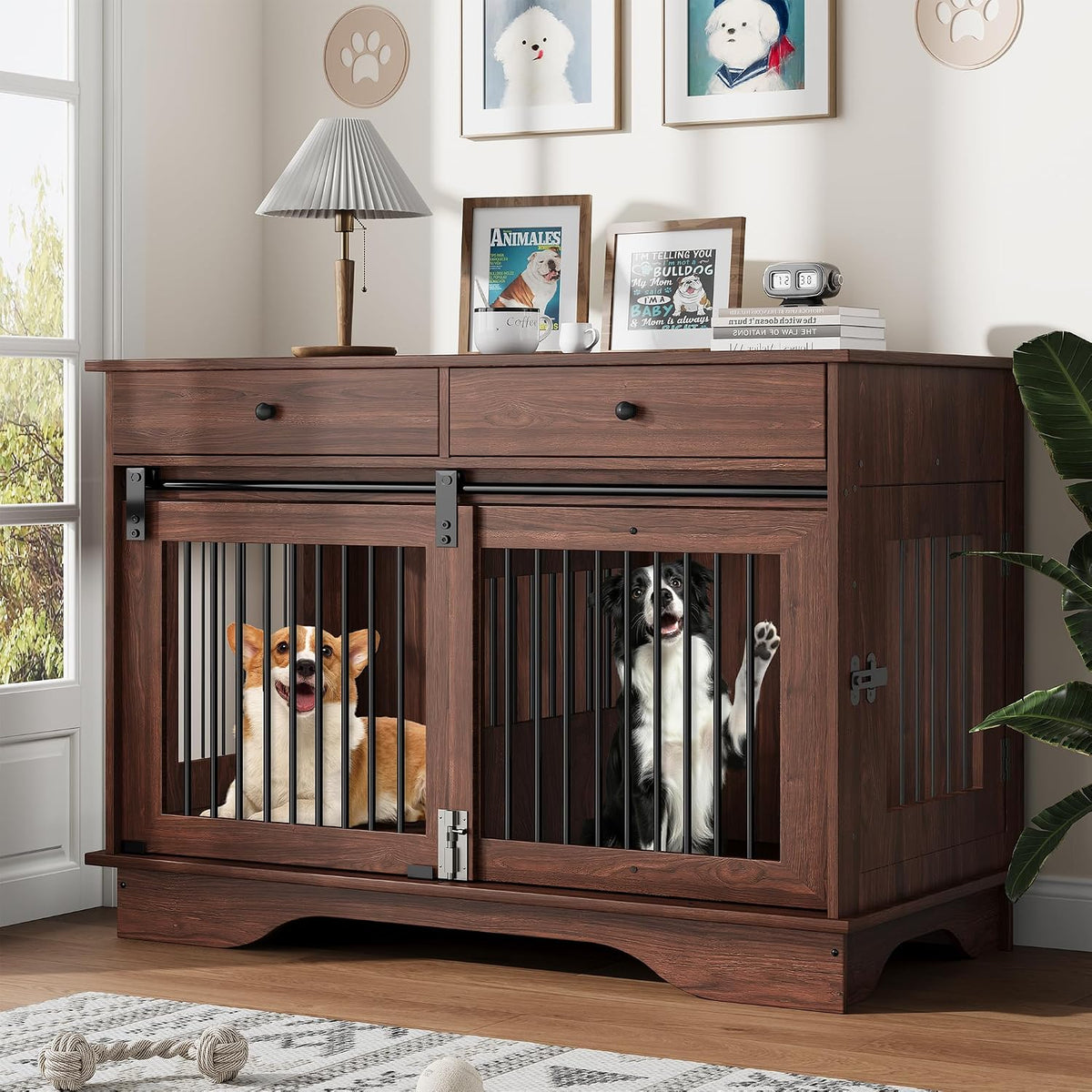 47" Large Dog Crate Furniture,Dog Furniture Crate with 2 Storage Drawers & Removable Divider for Large/Medium/Small Dogs (Brown)