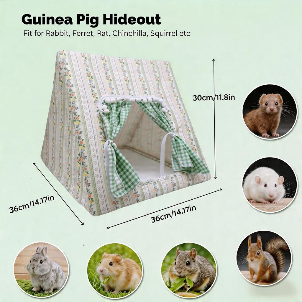 Guinea Pig Bunny Hideout with Cute Curtain,Small Animal Hideout for Rabbit Hamsters Squirrel Ferrets Chinchilla and Rats,Machine Washable Guinea Pig Hide Tent Houses(Large,No Mat)