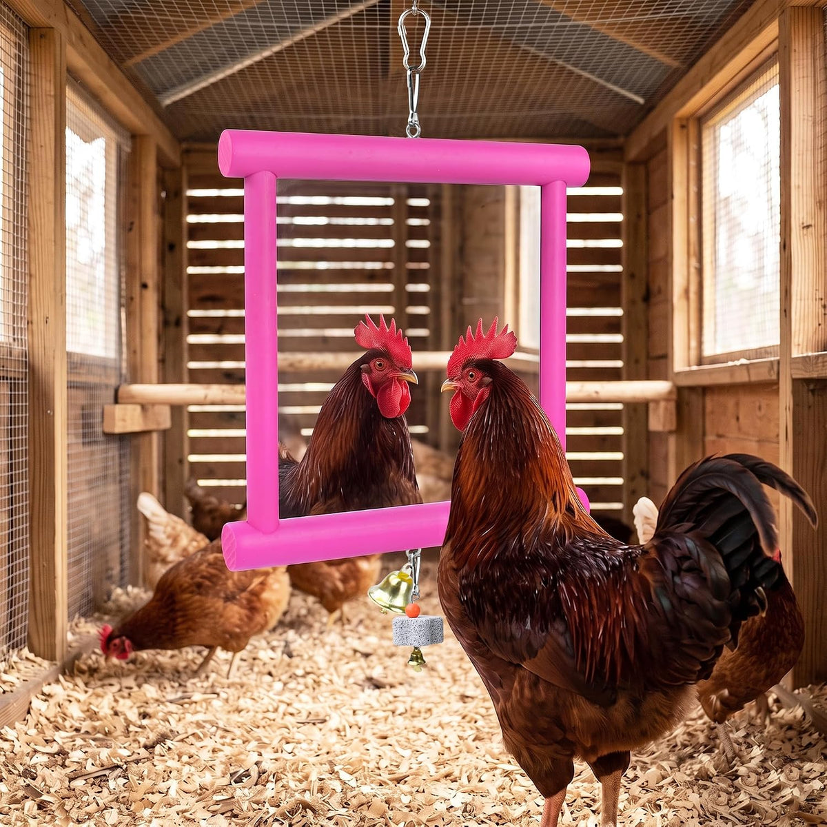 Chicken Toys for Coop Double-Sided Chicken Mirror Toy with Bell & Beak Grinding Stone Large Wooden Pecking Toy for Hens, Ducks, Parrots, Boredom Buster Coop Accessories (Red)