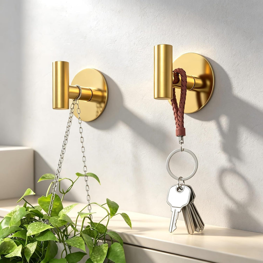 Gold Stainless Steel Wall Hooks, Heavy Duty Self-Adhesive Hooks for Coats, Towels, Robes, Hats, Aprons – No Drill Bathroom, Kitchen, Hotel (4 Pack)