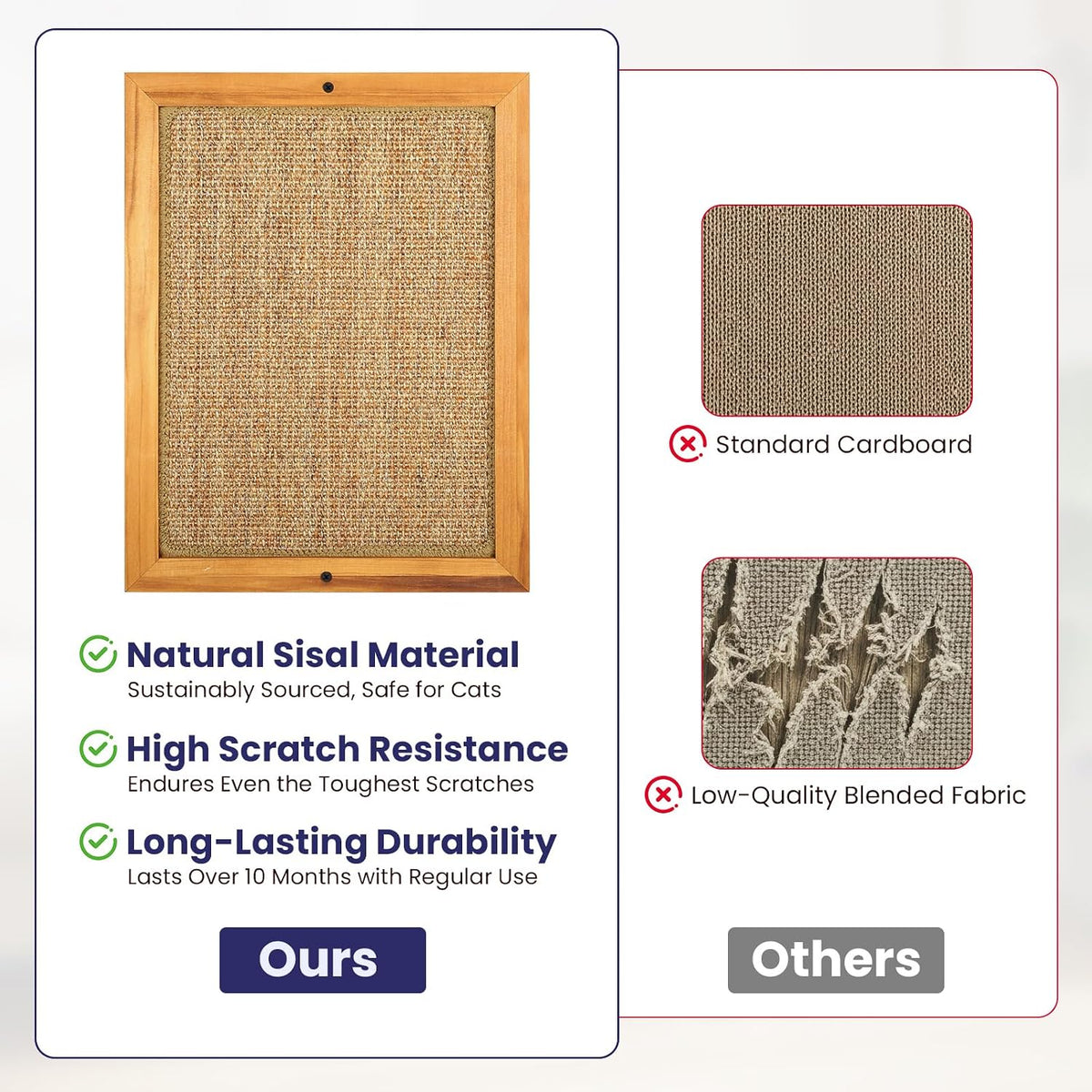 Large Sisal Cats Wall Scratcher, Floor or Wall Mounted Cat Scratching Mat, Durable cat Scratch Pads for Indoor Cats, Framed Sisal Scratch Pad Mat, Wall Cat Scratching Post for Furniture Protector