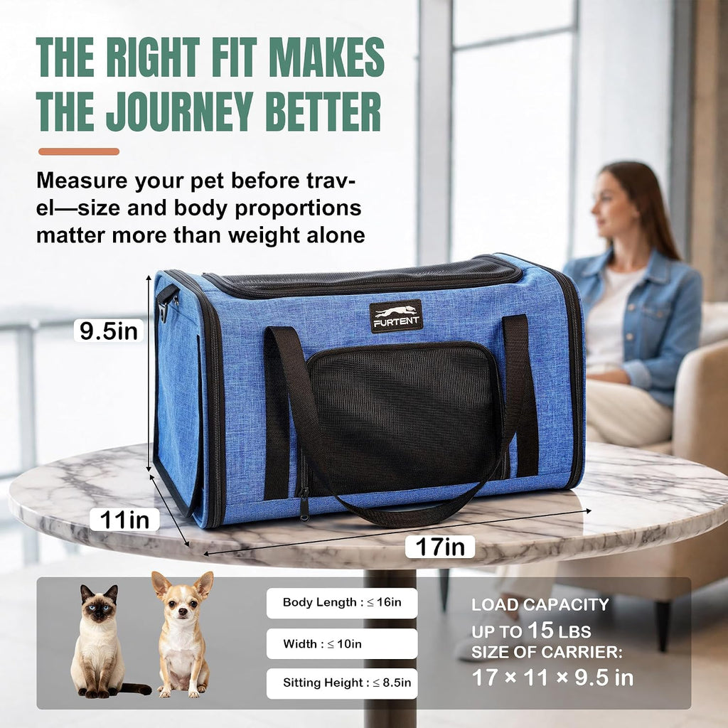 Soft-Sided Cat Carrier with Foldable Litter Box for Air Travel, Blue