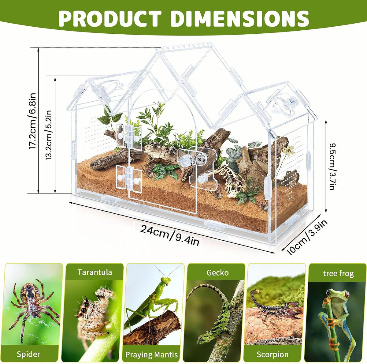 Castle Style Jumping Spider Enclosure, 9.5"x4.3"x6.7"Acrylic Cabin Terrarium with Front Opening Door & Feeding Holes, Insect Terrarium Kit