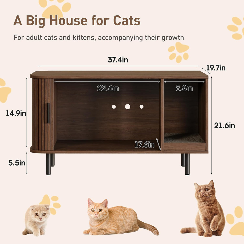 37.4" Cat Litter Box Enclosure with Scratch Pad, Sliding Door